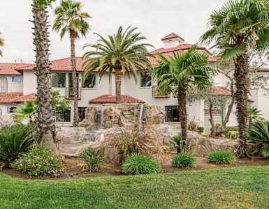 A house with a red tile roof and a palm tree in front.