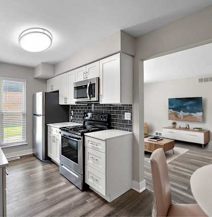A modern kitchen with a refrigerator, sink, and stove.