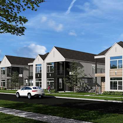a rendering of an apartment building with a car parked in front of it