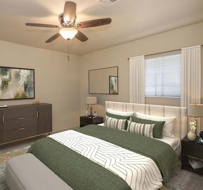 a bedroom with a bed and a ceiling fan at Castle Vista Senior Duplex Community, Atwater, 95301