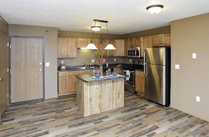 A kitchen with a wooden island and stainless steel appliances.