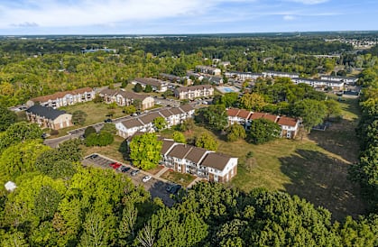 A bird's eye view of a residential area with houses and trees.