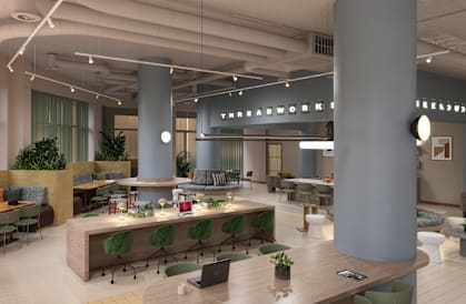 a rendering of a large lobby with tables and chairs