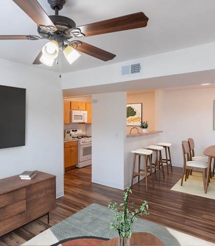 A living room with a ceiling fan and a black wall hanging.