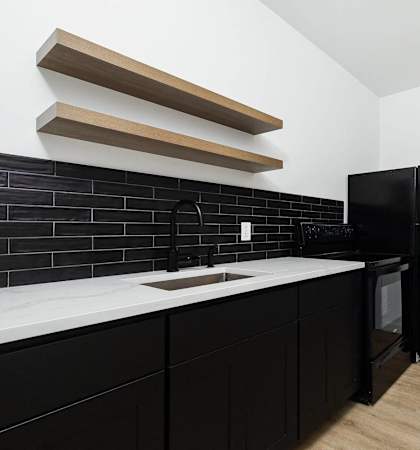 A black fridge and black cupboard in a kitchen.