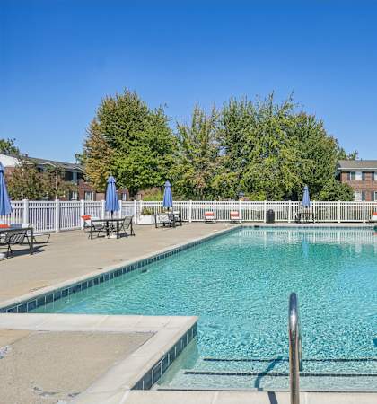 A large swimming pool with a metal ladder in the middle.