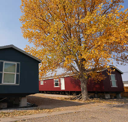 a black house with a red house behind it next to a tree at Country Lane, Cheyenne, Wyoming
