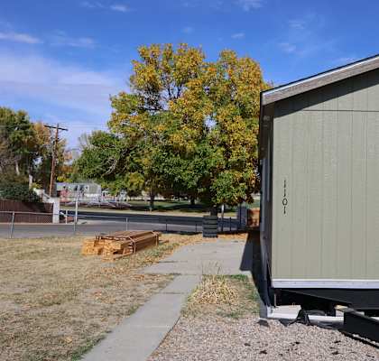 the front of a tiny house on a trailer at Pioneer Park, Green River, Wyoming
