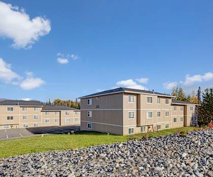 Amber Ridge exterior with green space. 