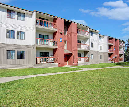 The exterior of the apartments and the green space with grass, trees, and shrubs at Madison Park Apartments. 