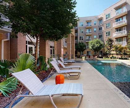 Resort-style pool surrounded by trees, plants, and pool chairs at Arpeggio. 