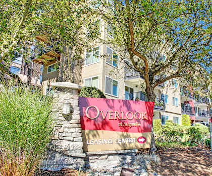 The exterior sign with an arrow pointing to the Leasing Center with trees and surrounded by greenery with the buildings in the background of Overlook at Magnolia Apartments. 