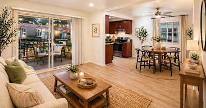Living room and dining room view at Bella Del Mar Apartments, Del Mar, 92014