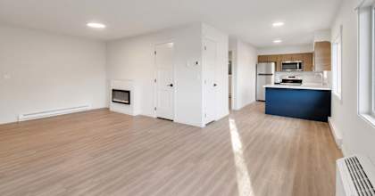 A spacious living room with a fireplace and a kitchen area in the background.