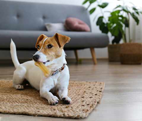 A small dog with a yellow collar is sitting on a rug.