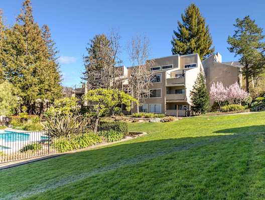 apartment buildings, lawn, and pool