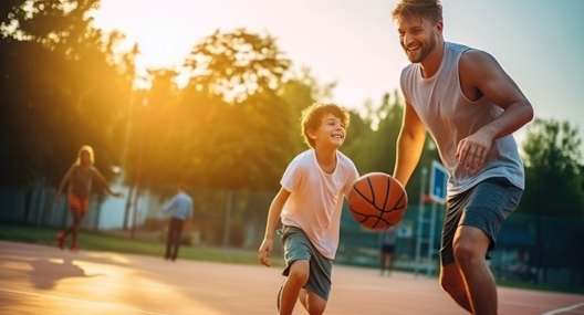 A man and a boy are playing basketball on an outdoor court.