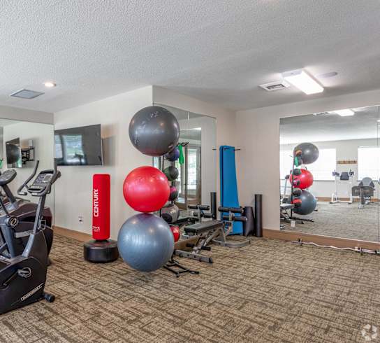 A gym with a variety of equipment including treadmills, exercise balls, and weights.