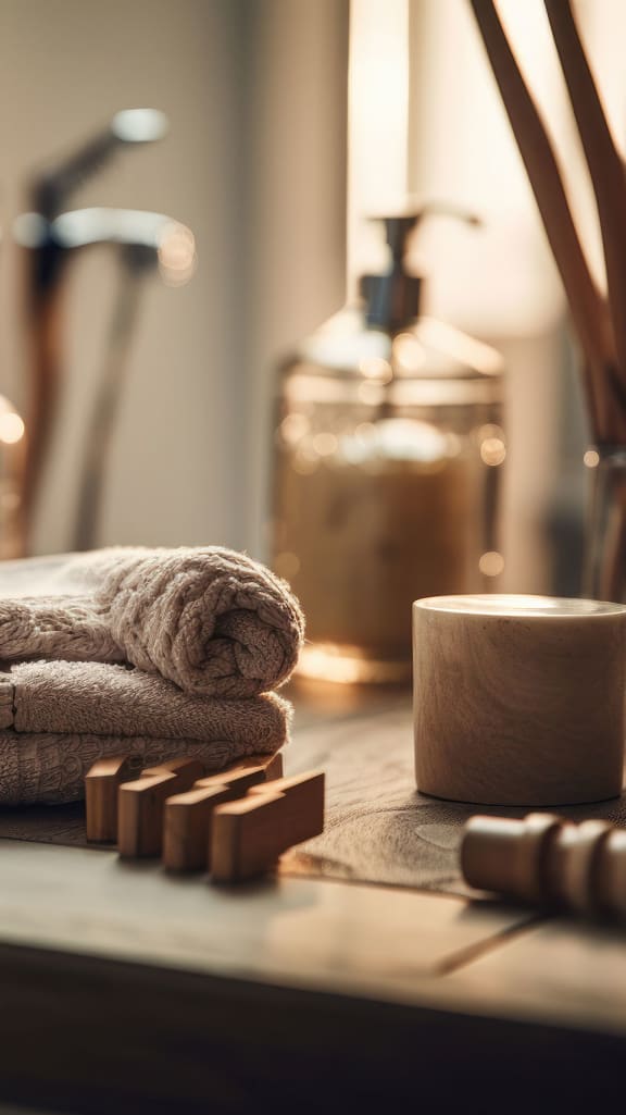 a bathroom with towels and other amenities on a table at Oakwood Manor in Bay Shore, Bay Shore, NY 11706