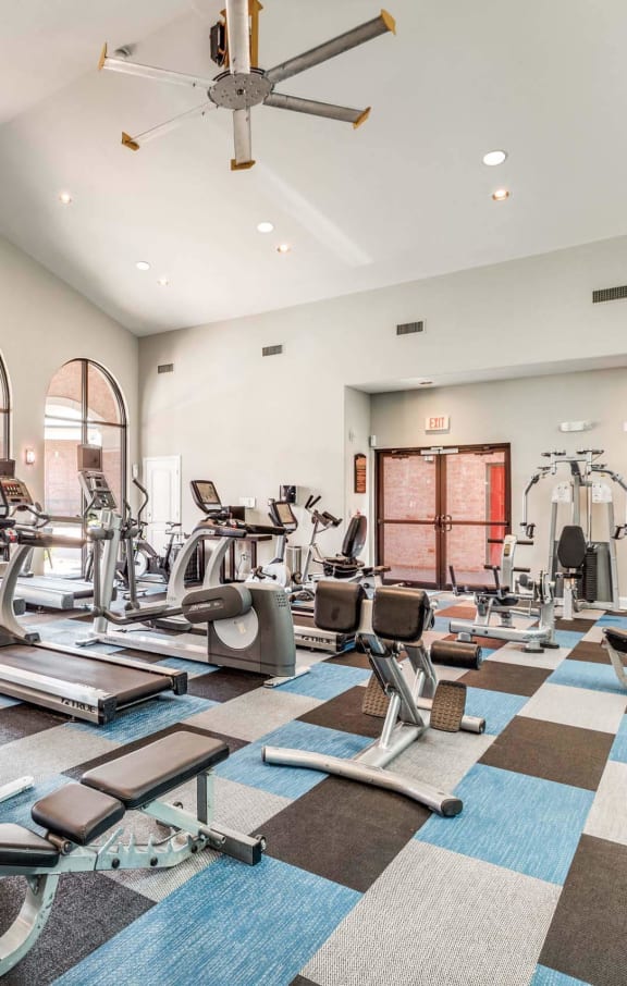 a spacious fitness center with treadmills and elliptical machines at Vintage Park Apartments, Texas 77070
