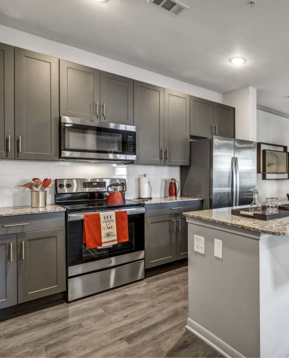 a kitchen with stainless steel appliances and a counter top