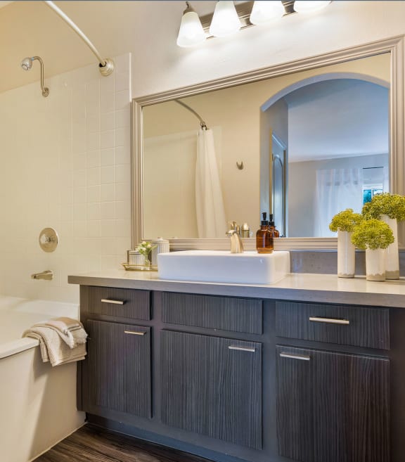 a bathroom with a tub and a sink and a mirror at Mirasol Apartments, Las Vegas, Nevada