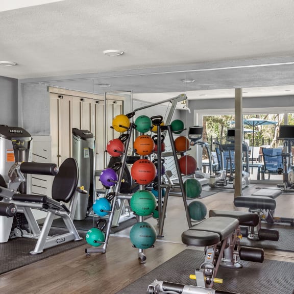 a gym with weights and cardio equipment in a room with glass doors at Arcadia Apartments, Colorado