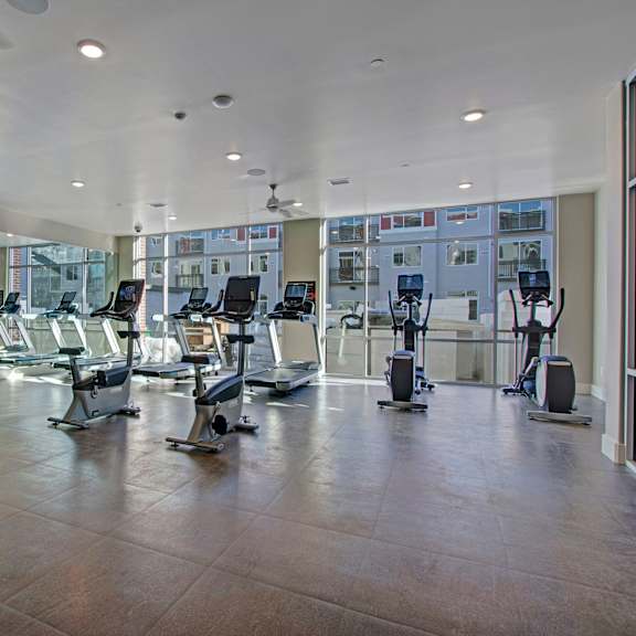 A gym with cardio equipment, large windows, a bench, and weights in the Ritz Classic Apartment Homes. 