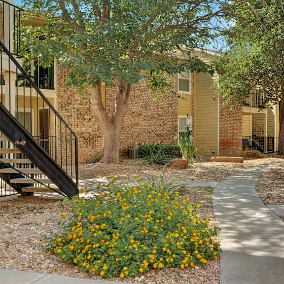 The large, gravely area with a pathway, the flowers, and trees behind the yellow apartment buildings at the Bradford Apartment Homes. 
