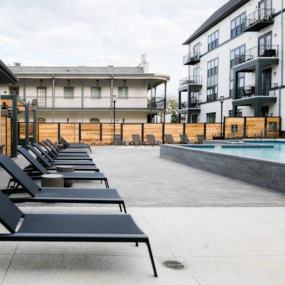 row of sun loungers at Eastover Commons Residential, Jackson, MS