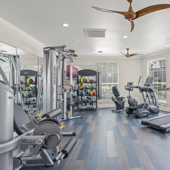 the gym has plenty of cardio equipment and windows at District 2308, Arlington, TX