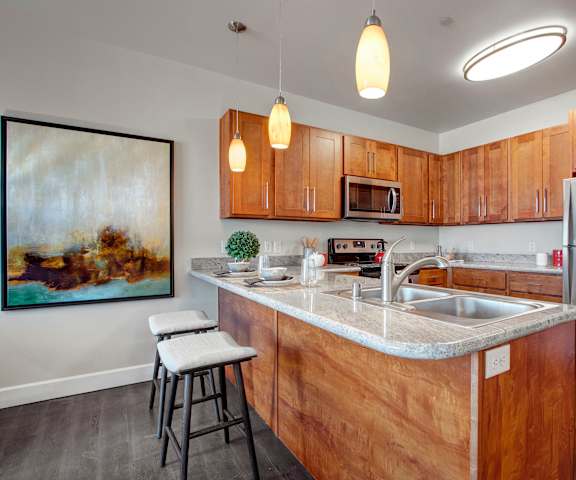 A large, modern kitchen with stainless steel appliances, bar counter with black and white barstools, kitchen utensils, gray marble countertops with lots of room, kitchen utensils, and large wooden cabinets at the Ritz Classic Apartment Homes. 
