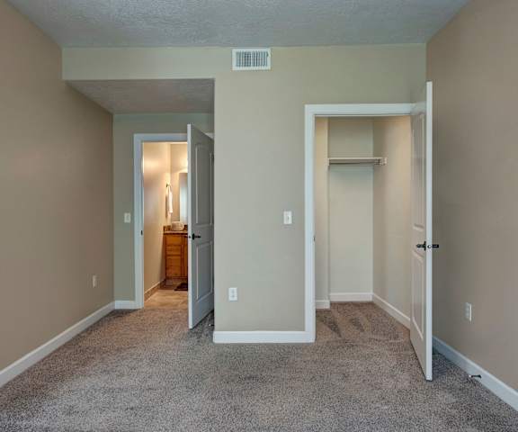 A bedroom with a carpeted floor and a door to a closet at Bridges Apartment Homes. 