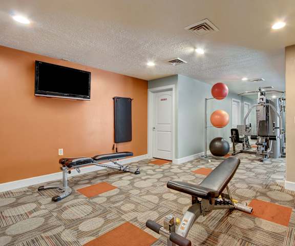 The gym at Bridges Apartments with free weights and weight machines. 