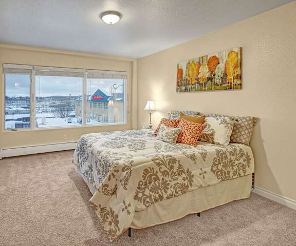 The bedroom at Century Plaza Apartments with a queen-sized bed and a window. 