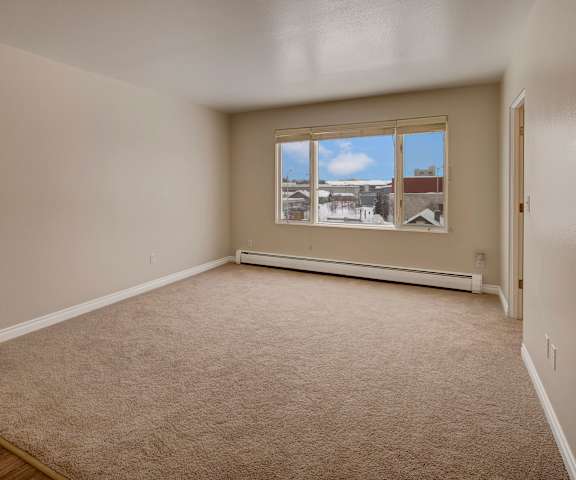 An empty bedroom with carpet and a window at Century Plaza Apartments. 