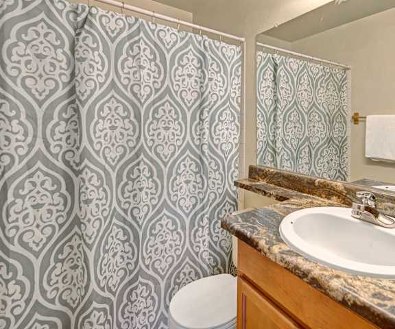 The bathroom with a sink, toilet, shower at Conifer Grove Apartments. 