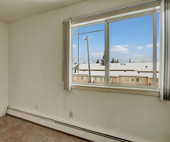 An empty bedroom with a window at Conifer Grove Apartments. 
