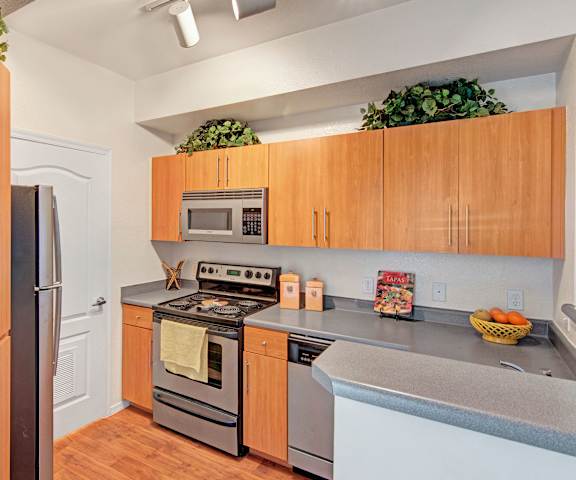 The kitchen at Acclaim with stainless steel appliances. 