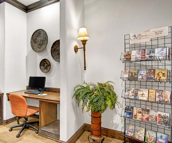 The business center with two desks that have desktop computers, plants, a DVD shelf, and lighting at Retreat at the Speedway Apartment Homes. 