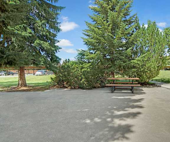  The exterior patio with a bench at Edgemont Heights. 