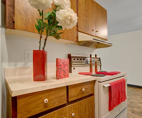 A kitchen with white appliances, a vase of flowers, and counters at Edgemont Heights.