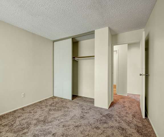 An empty carpeted bedroom with a closet and a door to the hallway at Lakewood Heights.