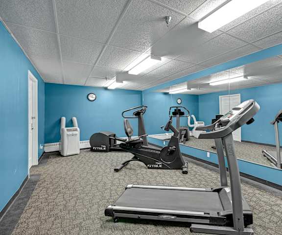 A gym with cardio machines, windows, TVs, and weights at Manning Crossing Apartment Homes. 