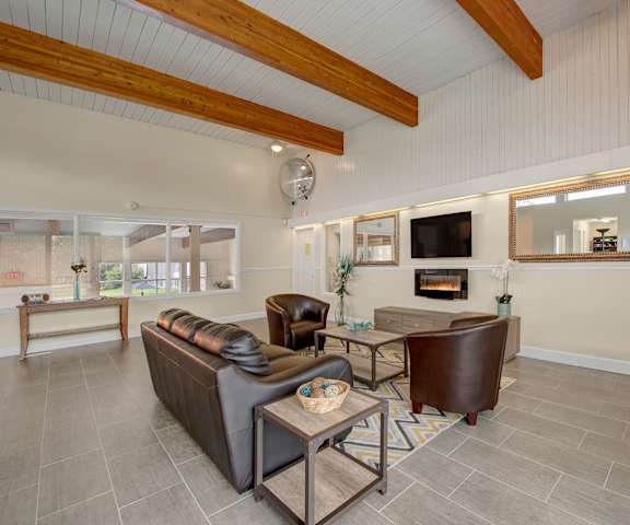 The resident lounge with a fireplace, couches, decorations, plush chairs, and coffee tables at Park Place South Apartments. 