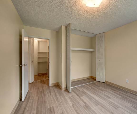 An empty carpeted bedroom with a closet at Park Place South Apartments. 