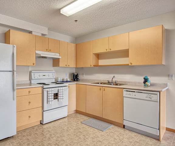 A large kitchen with white appliances, a light counter with lots of room, and spacious wooden cabinets at Quail Ridge Apartments. 