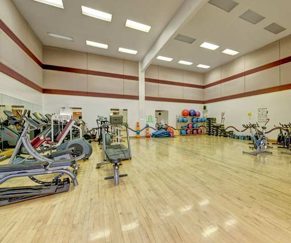 A spacious gym with cardio machines, windows, TVs, colorful exercise balls, and weights on a light wooden floor at Ranchlands Apartment Homes. 