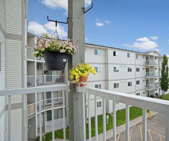A white, wooden balcony with potted flowers and a gorgeous view of the other white buildings and the parking lot at Wellington Manor Apartment Homes. 