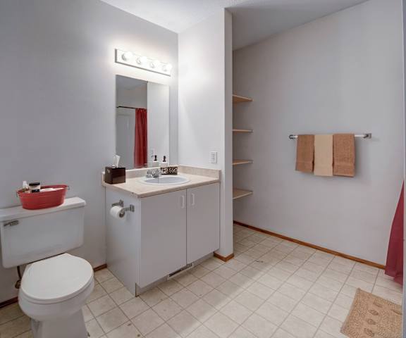 The lovely bathroom with a mirror with lights, a sink, tissues, hand soap, a toilet, shelves, towels, and a shower at Willow View Apartment Homes. 